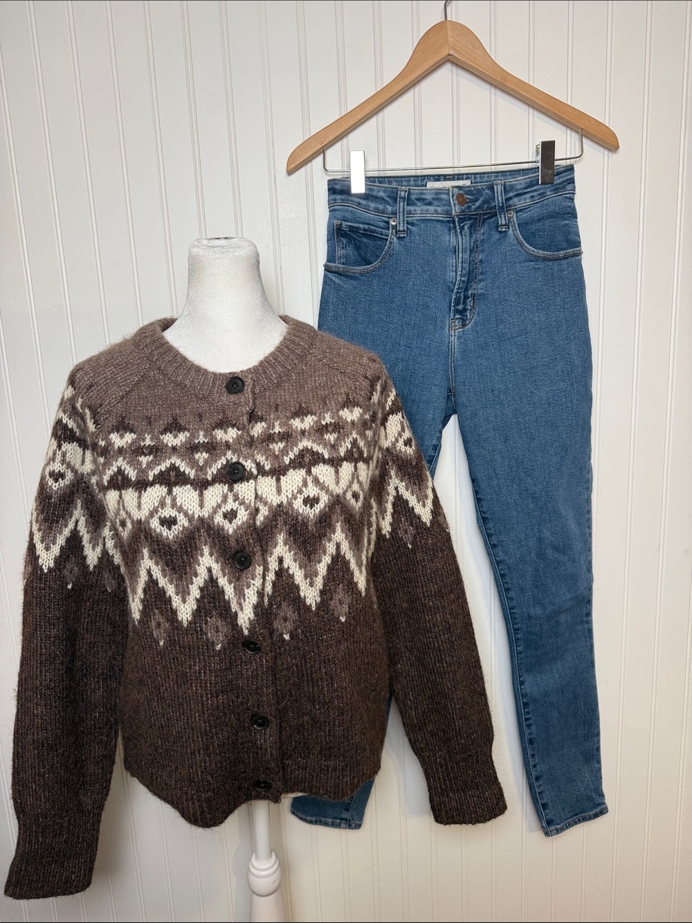 GAP Brown and Cream Fair Isle Button-Up Cardigan - Picture 2 of 15